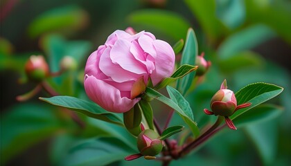 The blooming pink flower buds are dotted with green leaves, showing the beauty of nature.