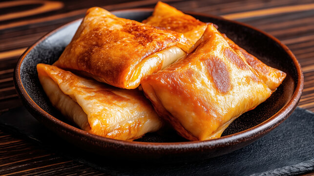 Traditional Armenian food Chebureki. This dish features golden-brown, crispy, fried turnovers filled with savory meat, often lamb or beef, usually served hot.