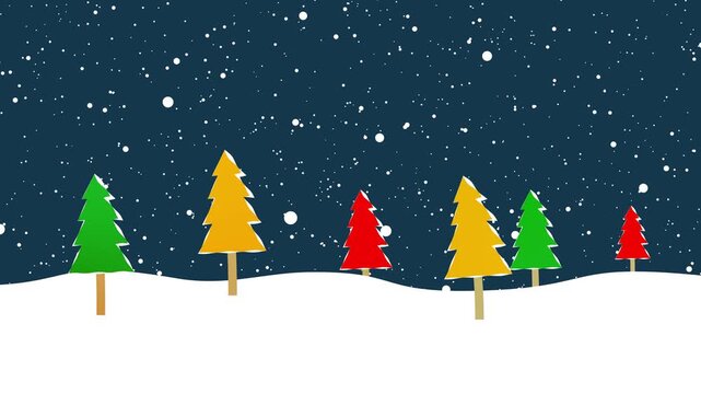 Cute 2d flate christmas landscape animation with falling snow balls and moving pine trees