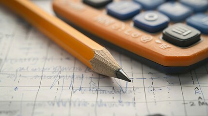Orange pencil resting on calculation sheet; hard work scene.
