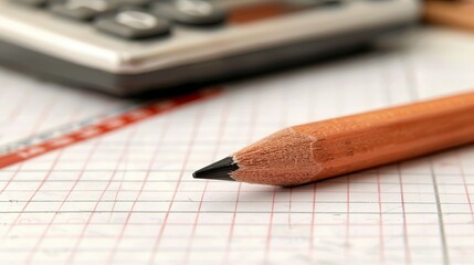 Graph paper, pencil, calculator; organized calculation scene.