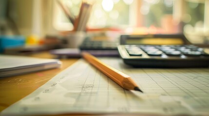 Close-up of a desk with paper, pencil, and calculator.