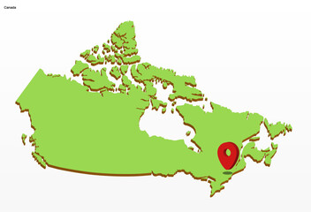 3d vector illustration graphic green color geographical map of Canada with red pointer icon on capitol