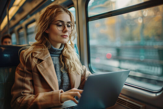 A woman working on her laptop on the bus commute - Powered by Adobe