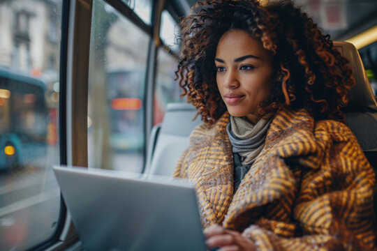 A woman working on her laptop on the bus commute