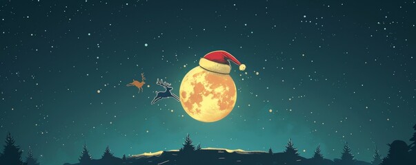 Minimalist iPhone wallpaper featuring a Santa hat on the moon with reindeer, stars, and a magical Christmas night sky
