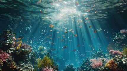Fototapeta premium 3D-rendered marine life, coral reefs, and rays of sunlight penetrating the ocean surface