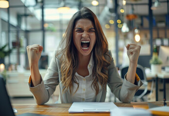 Fototapeta premium Young angry business woman screaming with wide open mouth and holding fists in office. Beautiful upset professional woman yelling while holding fists at camera.