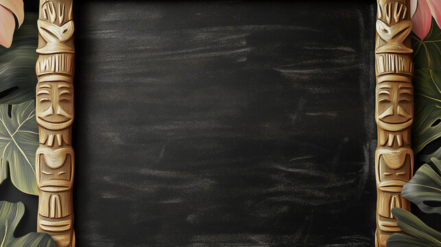 A tiki theme blank sign to accept a custom message or design element - a dark rustic texture similar to a chalkboard; wide, horizontal format