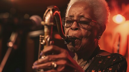 A talented woman mesmerizes the audience while playing her saxophone with great passion and skill