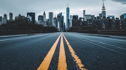A solitary road meandering through a cityscape, framed by the shimmering silhouette of skyscrapers and urban architecture. 