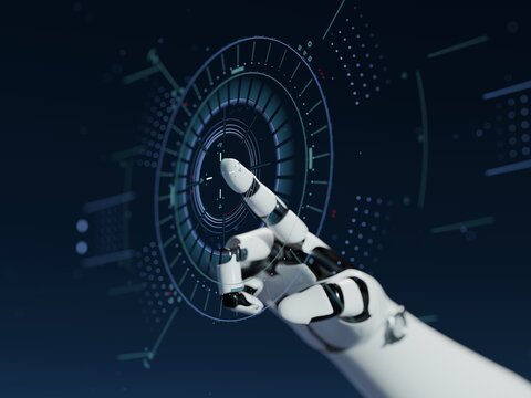 Cyborg controlling commands on hologram screen