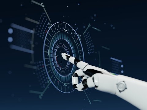 Cyborg controlling commands on hologram screen