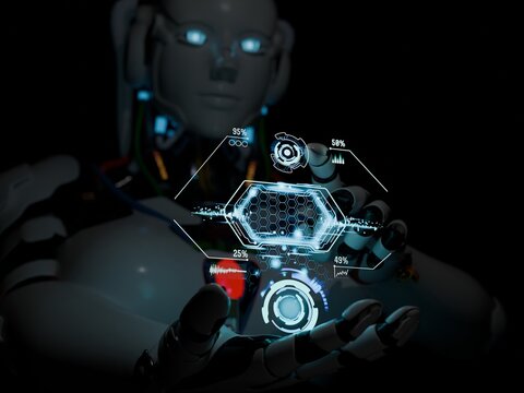 Cyborg controlling commands on hologram screen