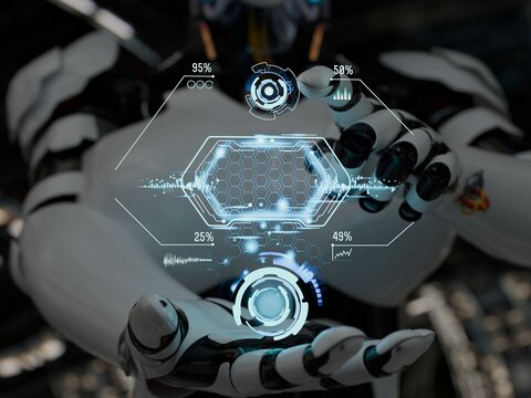Cyborg controlling commands on hologram screen