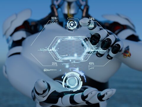Cyborg controlling commands on hologram screen