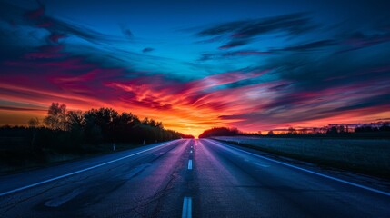 Obraz premium The empty road against a vibrant sunset or sunrise skyline, creating a strong contrast between the dark road and the colorful sky.