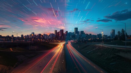 Fototapeta premium The empty highway and city skyline at various times throughout the day.