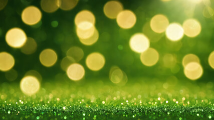 Obraz premium Green glitter bokeh background with sparkling light, abstract defocused texture. Generative AI