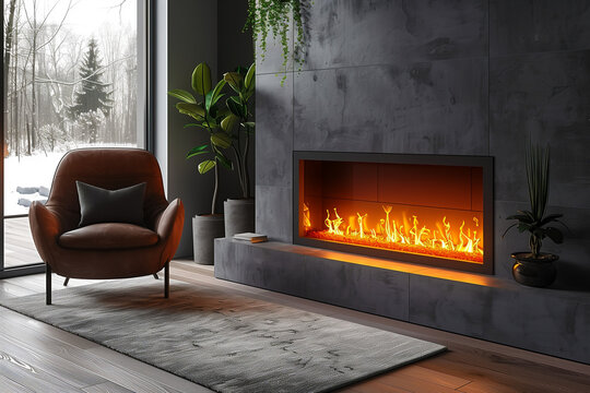 Dans une maison de luxe, une chemin&eacute;e en hiver d&eacute;gage une chaleur accueillante, avec des flammes br&ucirc;lantes et des b&ucirc;ches cr&eacute;pitantes, apportant confort et convivialit&eacute;.