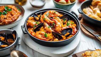 Traditional Spanish food Paella. A vibrant dish with yellow saffron rice, shrimp, mussels, and garnished with parsley. Other dishes surround the main dish on a white table.