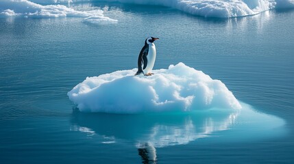 Obraz premium Penguin ice floe cold ocean climate change endangered polar habitats small iceberg open global warming
