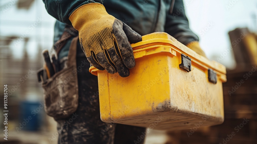 Wall mural Construction worker wearing gloves holding a yellow toolbox on building site