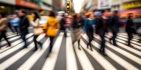 Blurred motion of people crossing a zebra crossing in a busy urban environment, capturing the hustle and bustle of city life.