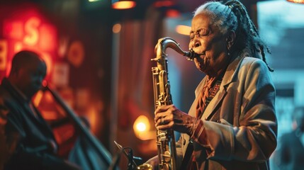 A skilled saxophonist captivates the audience with her performance alongside a bassist in a cozy jazz club