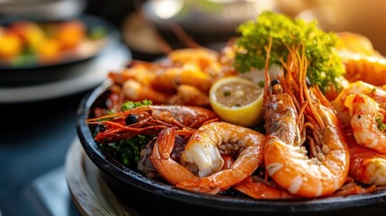 Fresh seafood, vibrant colors, delicious dishes, close-up, detailed