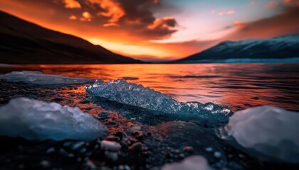Naklejka premium Glacier melting, vibrant colors, serene environment, wide shot, inviting