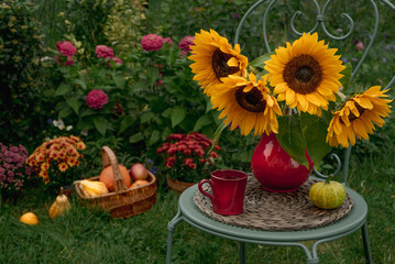 Thanksgiving still life with flowers and pumpkins in the garden.
