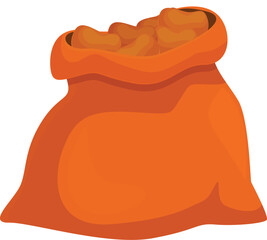 Orange cloth sack full of potatoes standing upright, likely containing a large harvest from a farm