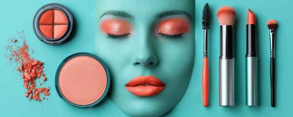 Creative makeup flat lay with peach and coral color palette on turquoise background