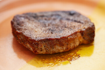 grilled pork steak close up