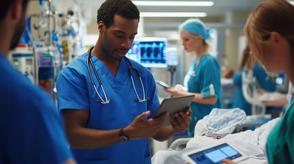 Obraz premium Emergency room doctors and nurses discussing a critical case over a tablet in a busy ER environment