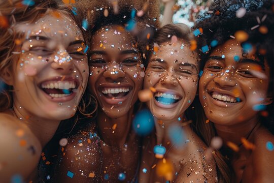Cheerful group of friends enjoying a weekend summer party, tossing confetti