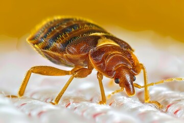detailed close-up of cimex hemipterus bedbug with bed background