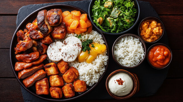Traditional Angolan food Moamba de Galinha. Features chicken in red palm oil, white rice, yams, stewed vegetables, leafy greens, boiled cassava, and sauces.