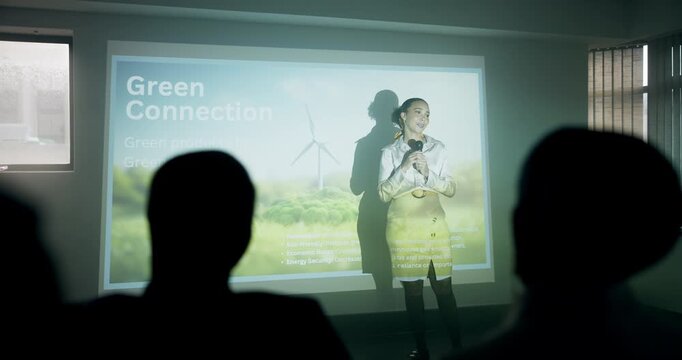Woman, presentation and screen with windmill as speaker on conference or seminar for green electricity. Female person, pitch and workshop as presenter for sustainable or renewable energy project