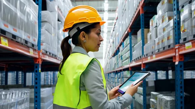 Female Worker in Hard Hat Using Tablet for Inventory in Warehouse Generative AI - Powered by Adobe