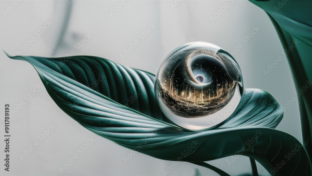 Sticker A glass ball on a green leaf with cityscape in the background, AI