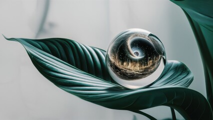 A glass ball on a green leaf with cityscape in the background, AI