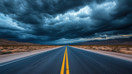 An empty highway in the desert with stormy skies. Generative AI