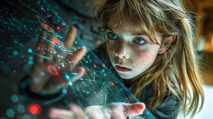 Young woman engaging with a futuristic see-through touchscreen display