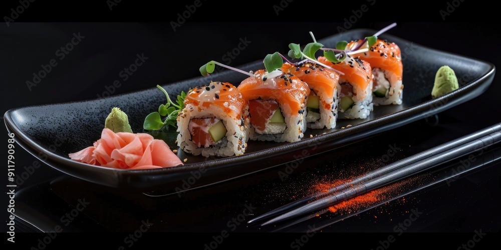 Wall mural Gourmet experience Delicate sushi rolls presented on a sleek black plate with accompaniments and chopsticks