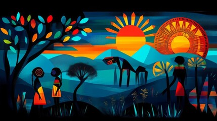 Fototapeta premium World Indigenous Day Abstract Background African tribal masks, abstract shapes and colors, flat design illustration