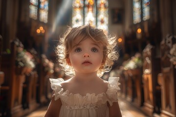 Topic divine ceremony: child baptism in church, infant christening, revered catholic observance connecting with god, sacred traditions, Christian rites, faithfully adhering to god's holy ordinances.