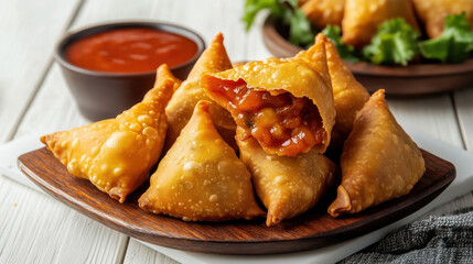 Traditional Indian food Samosa. The image shows a plate of golden-brown, deep-fried triangular pastries filled with a savory mixture, accompanied by a bowl of red dipping sauce.