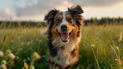 Fototapeta premium Australian shepherd dog enjoying outdoor green grass field run picture